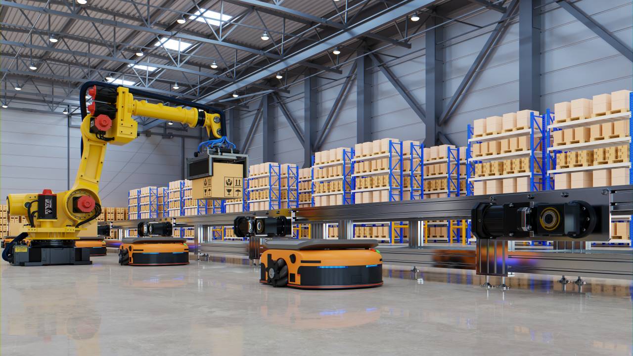 Factory Automation with Automated Guided Vehicles and robotic arm in transportation to increase transport more with safety.